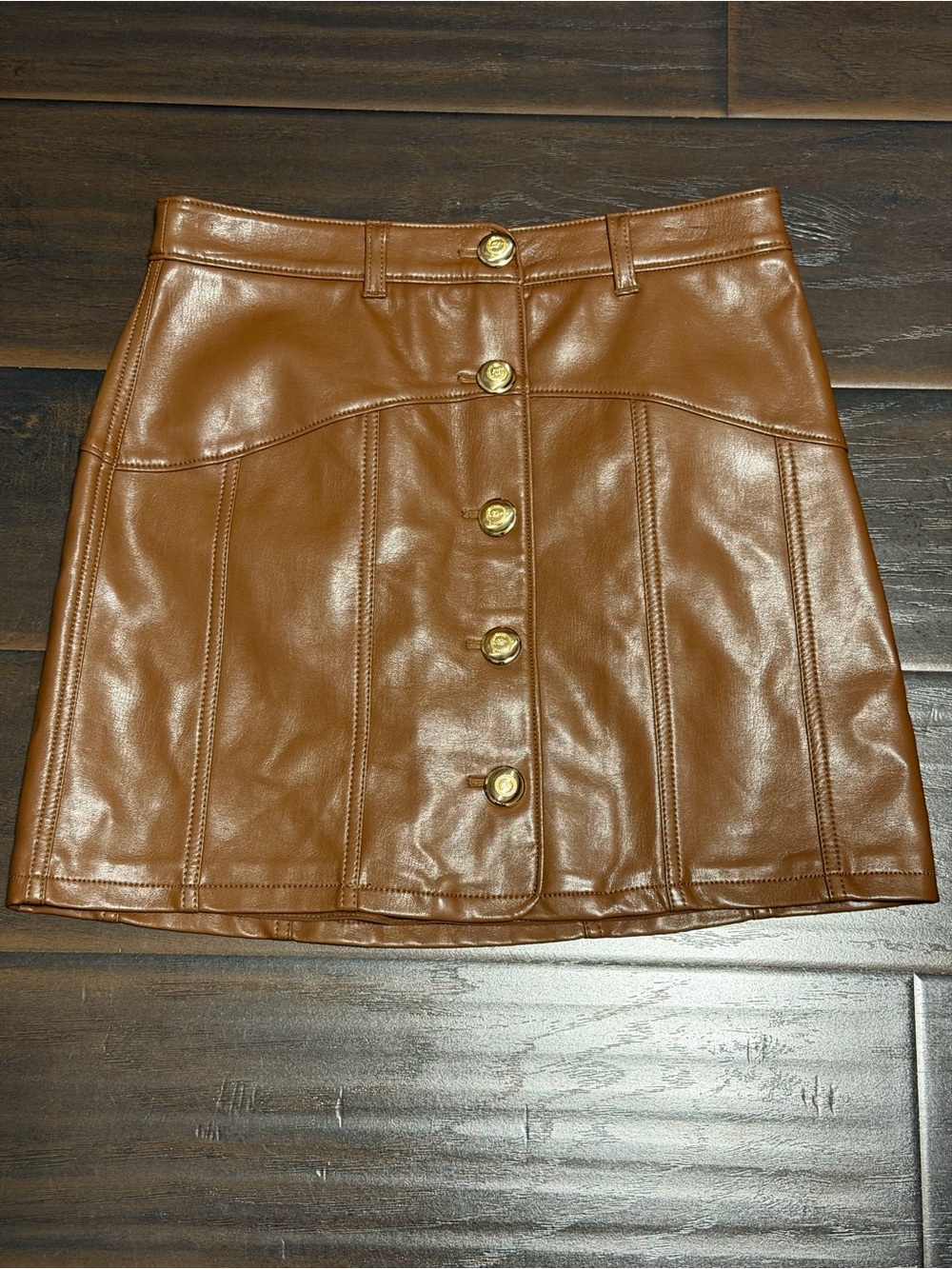 cinq a sept Chestnut Brown Button-Front Vegan Leather Mini Skirt